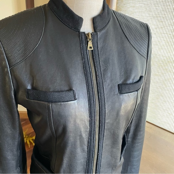 Diane Von Furstenberg DVF Black Leather Moto Lady Jacket Zip Front Round Collar - Picture 14 of 14